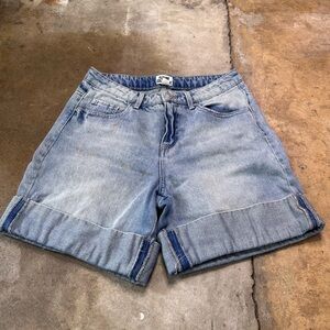 High Rise Wide Leg Light Blue Denim Jumbo-Cuff Shorts